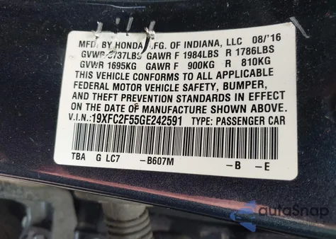 2016 Honda Civic Lx из США, поврежденный, VIN 19XFC2F55GE242591